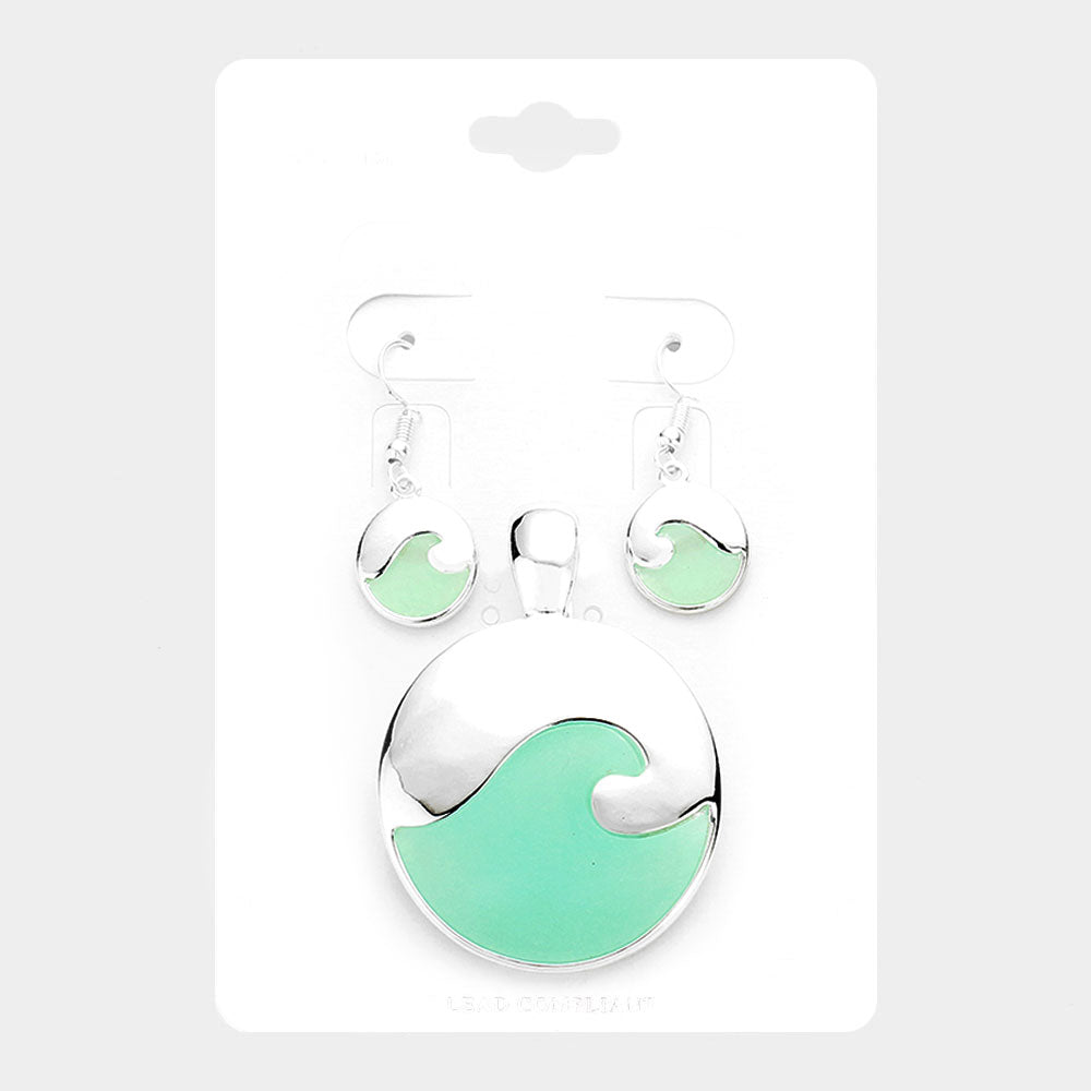 Madeline Love Silver, Turquoise Sea Glass Wave Round Pendant Set - Pendant Sets