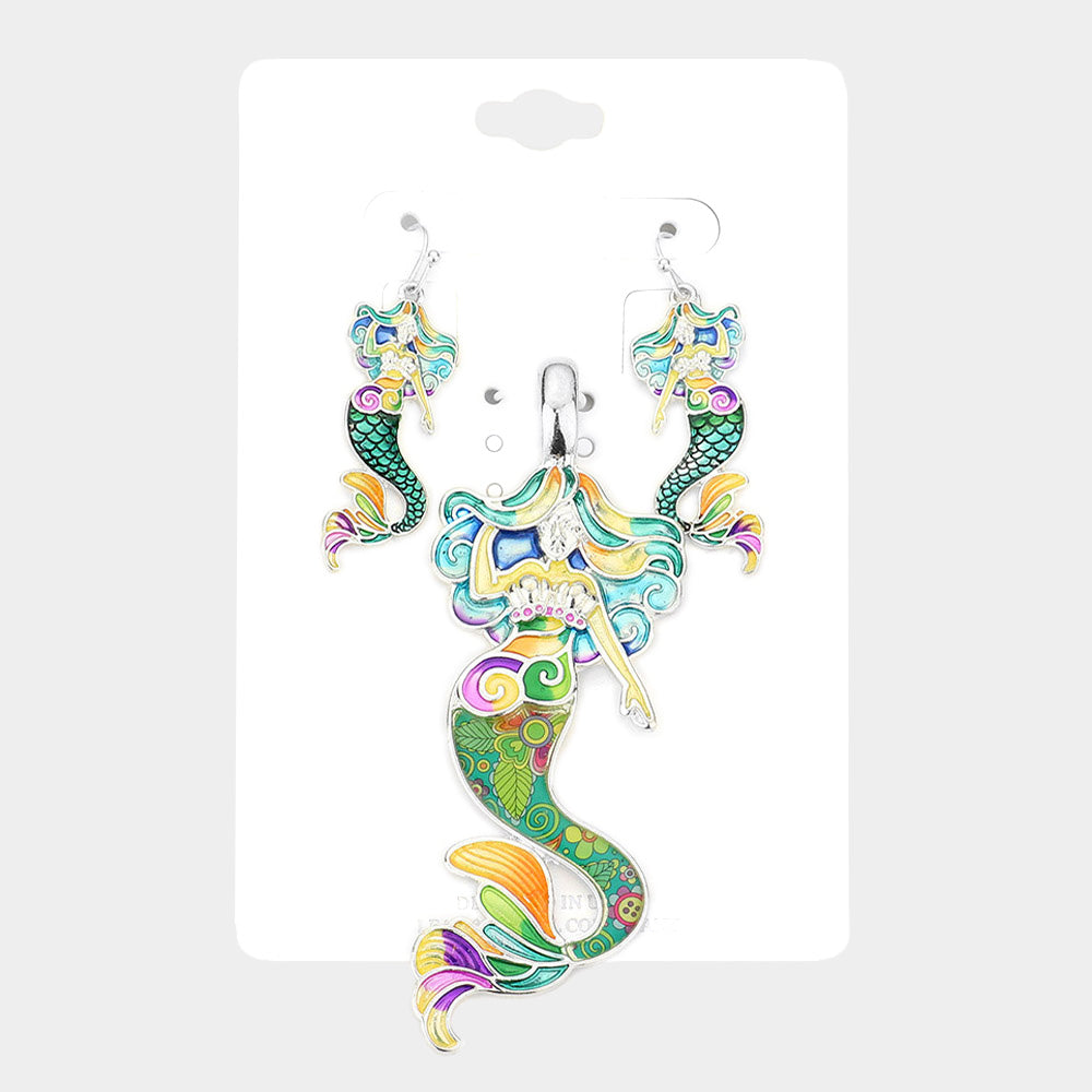Turquoise Enamel Floral Pattern Mermaid Pendant Set