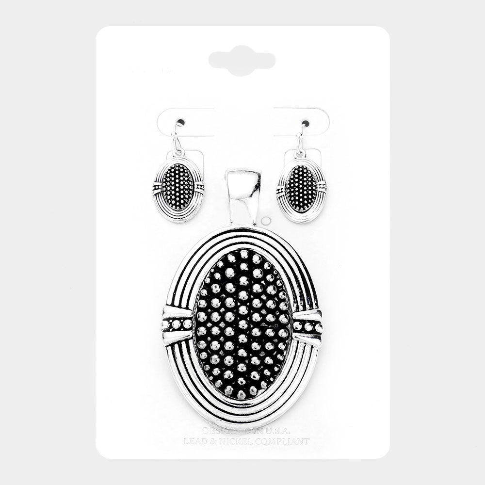 Madeline Love Antique Silver Embossed Dot Stripe Oval Metal Magnetic Pendant Set - Pendant Sets