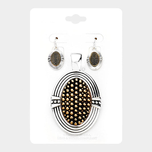Madeline Love Two Tone Embossed Dot Stripe Oval Metal Magnetic Pendant Set - Pendant Sets