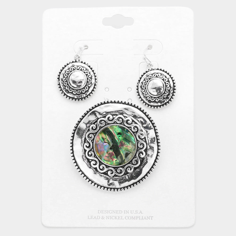Madeline Love Abalone Embossed Metal Abalone Round Magnetic Pendant Set - Pendant Sets