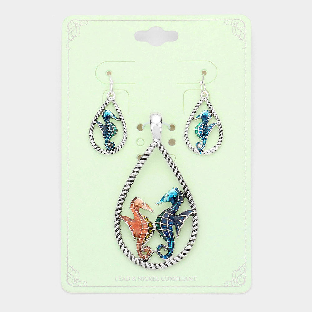 Antique Silver, Multi Enamel Seahorse Accented Open Teardrop Pendant Set