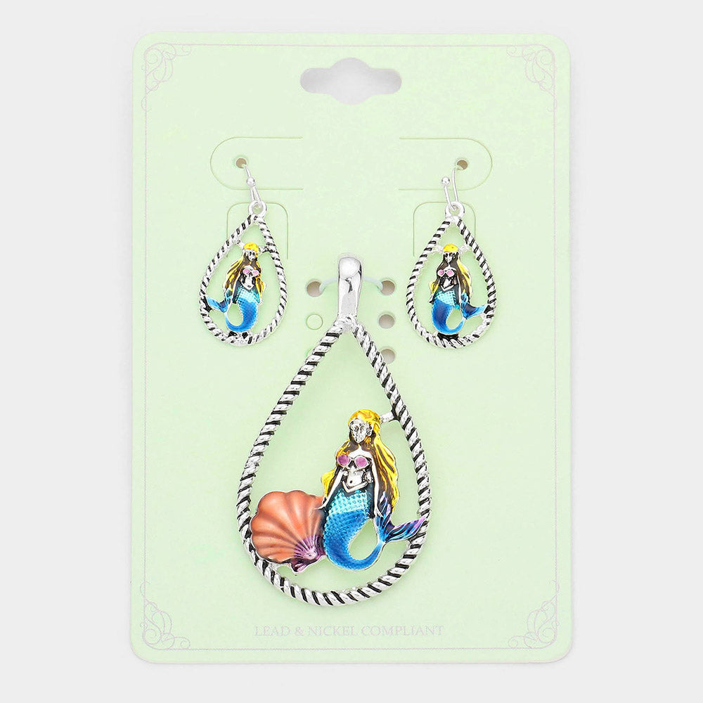Antique Silver, Multi Enamel Mermaid Shell Accented Open Teardrop Pendant Set