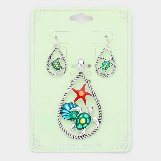 Madeline Love Antique Silver, Multi Enamel Starfish Shell Turtle Accented Open Teardrop Pendant Set - Pendant Sets