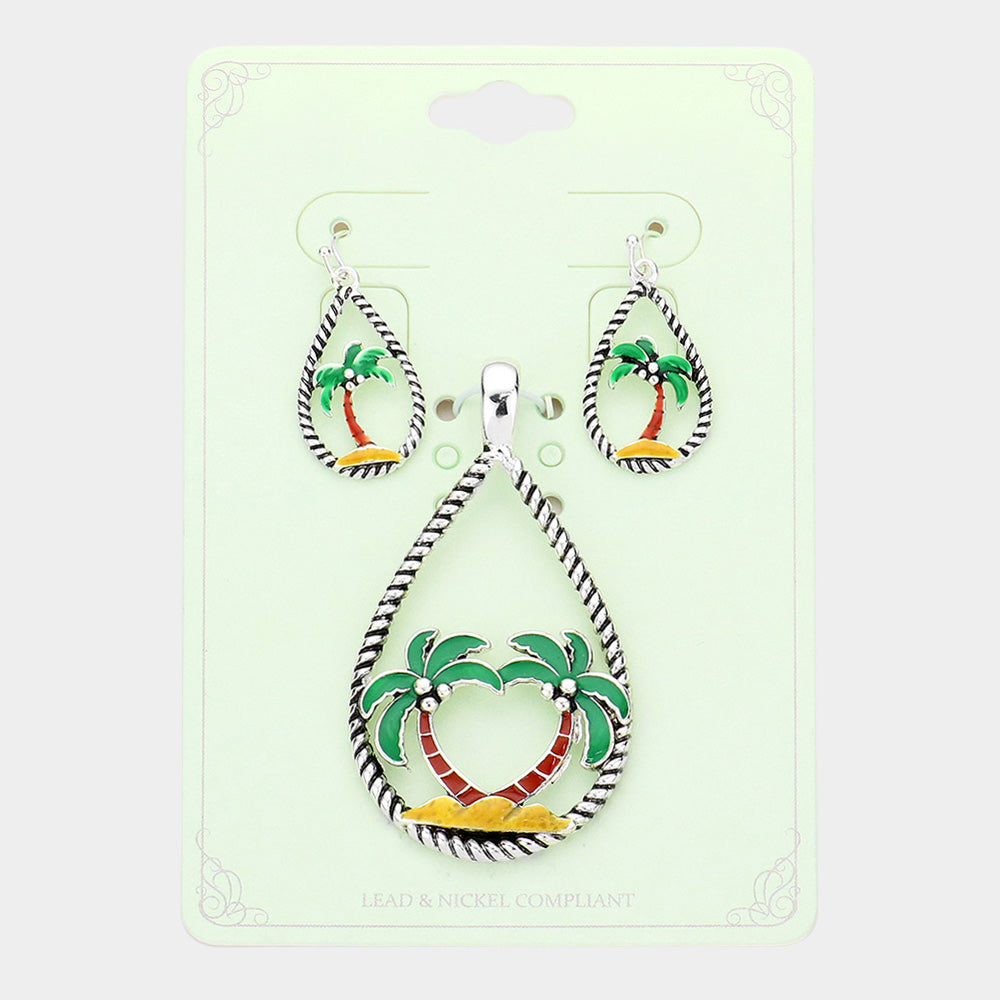 Madeline Love Green Enamel Palm Tree Accented Open Teardrop Pendant Set - Pendant Sets
