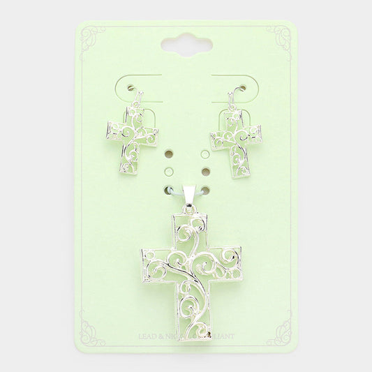Madeline Love Silver Filigree Metal Cross Pendant Set - Pendant Sets