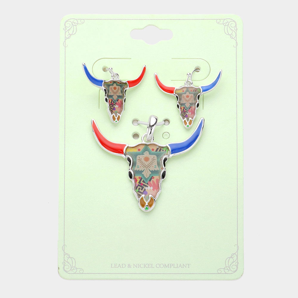 Madeline Love Multi, Silver Enamel Steer Head Pendant Set - Pendant Sets