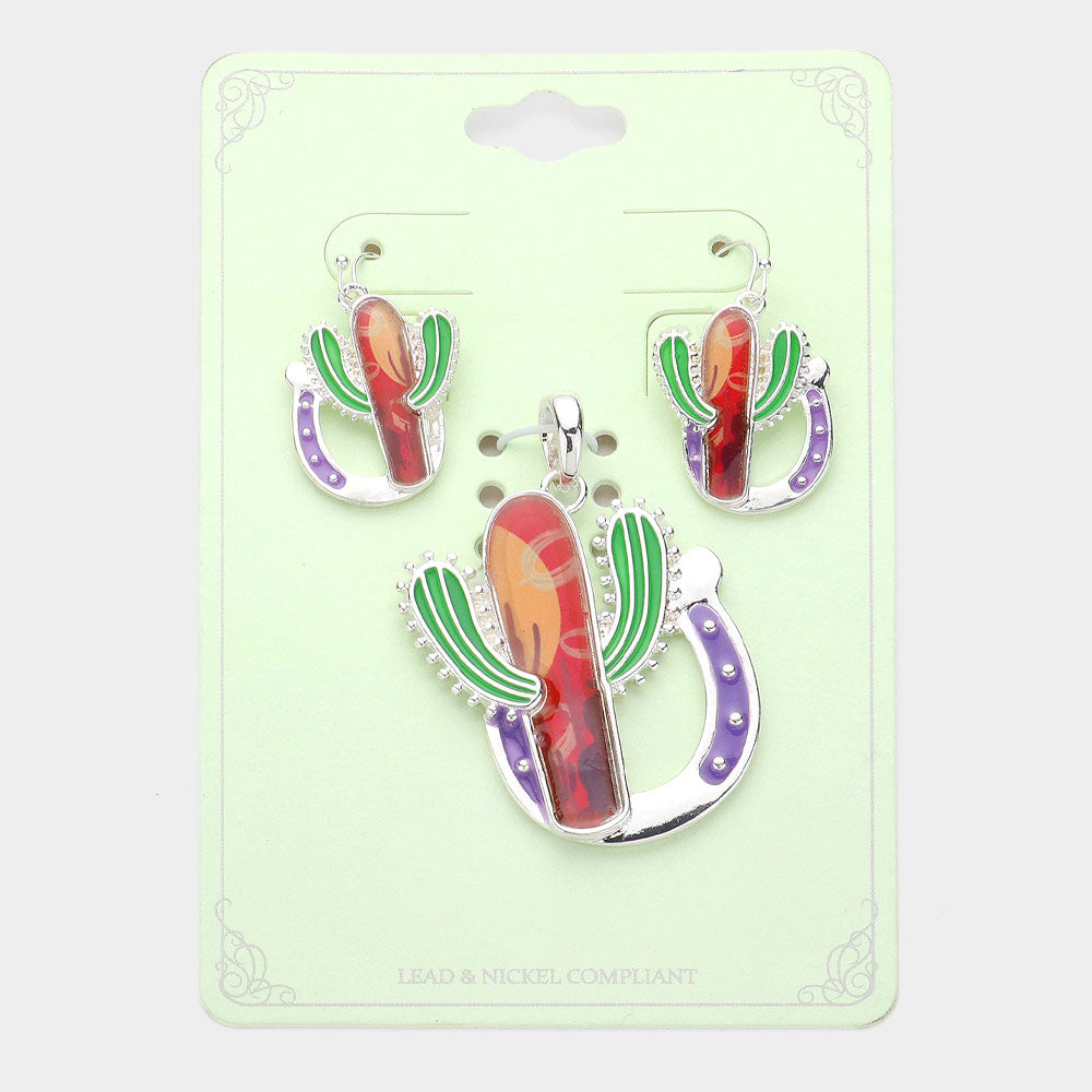 Madeline Love Multi, Silver Enamel Cactus Pendant Set - Pendant Sets