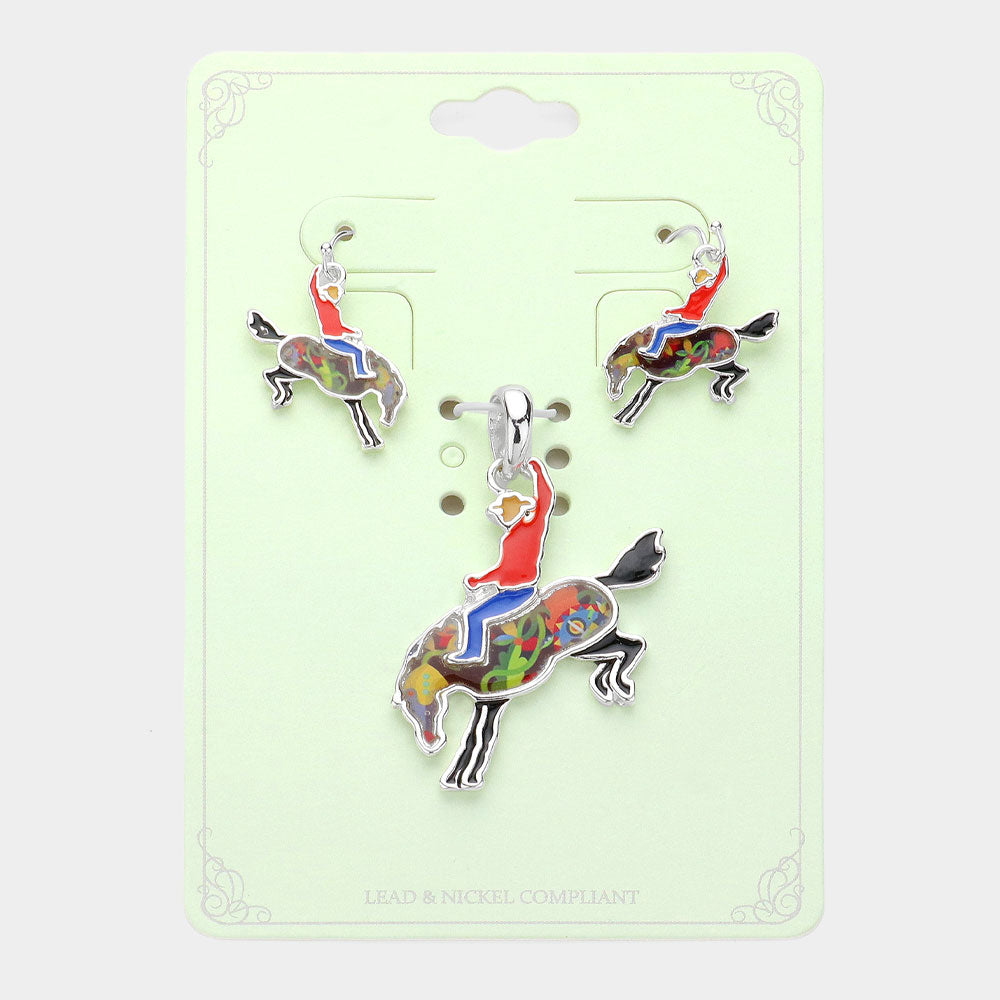 Madeline Love Multi, Silver Enamel Cowboy Horse Pendant Set - Pendant Sets