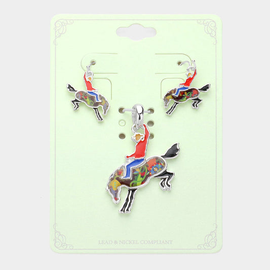 Madeline Love Multi, Silver Enamel Cowboy Horse Pendant Set - Pendant Sets