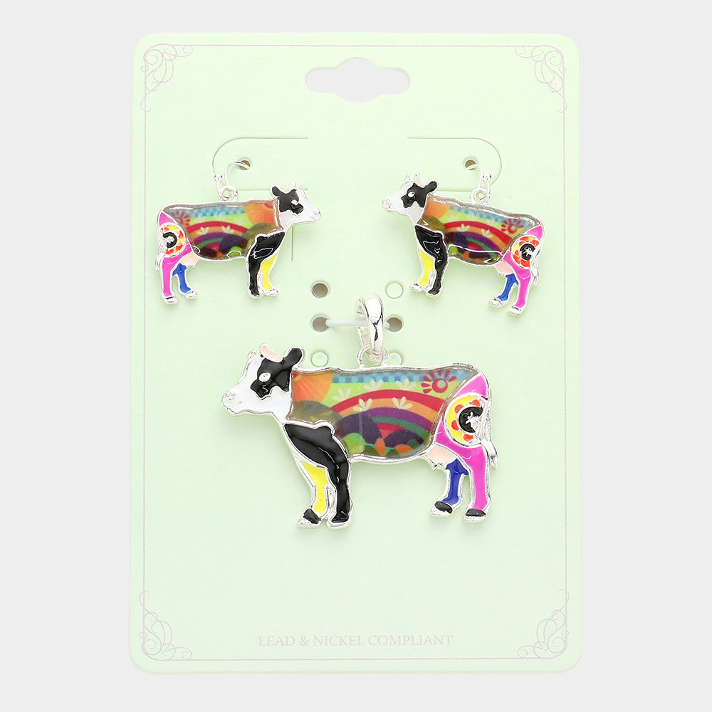 Madeline Love Multi Flower Patterned Cow Pendant Set - Pendant Sets