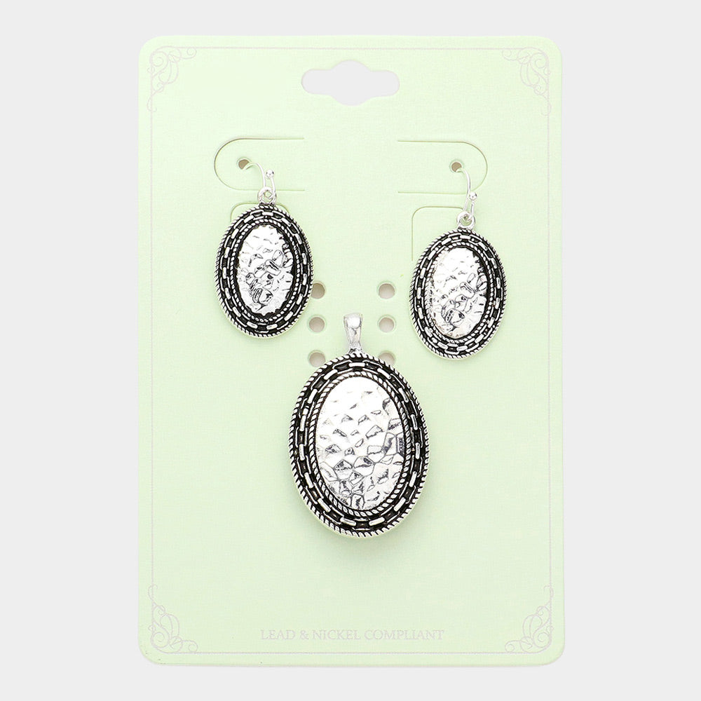 Madeline Love Antique Silver Embossed Antique Metal Oval Pendant Set - Pendant Sets