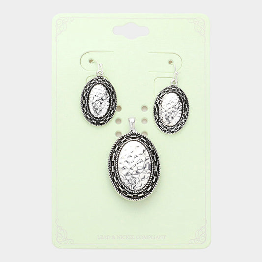 Madeline Love Antique Silver Embossed Antique Metal Oval Pendant Set - Pendant Sets