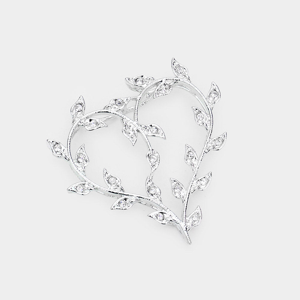 Rhinestone Embellished Leaf Cluster Open Metal Heart Pendant