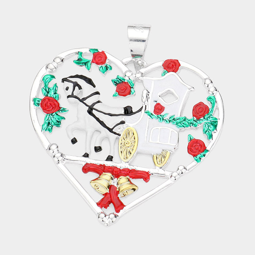 Madeline Love Multi Metal Carriage Christmas Jingle Bell Accented Heart Pendant - Pendant Sets