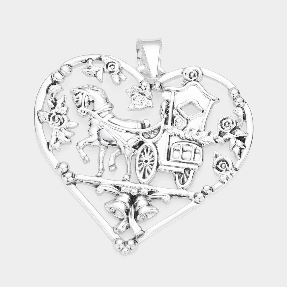 Madeline Love Silver Metal Carriage Christmas Jingle Bell Accented Heart Pendant - Pendant Sets