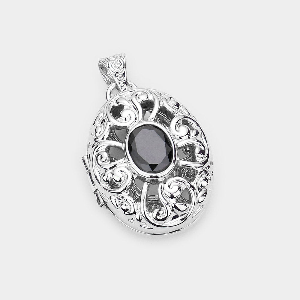 Madeline Love Black CZ Oval Accented Filigree Metal Locket Pendant - Pendant Sets