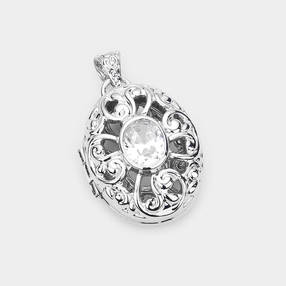 Madeline Love Silver CZ Oval Accented Filigree Metal Locket Pendant - Pendant Sets