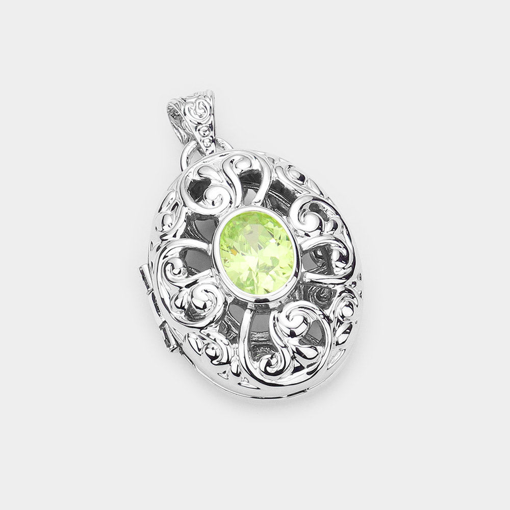 Madeline Love Green CZ Oval Accented Filigree Metal Locket Pendant - Pendant Sets