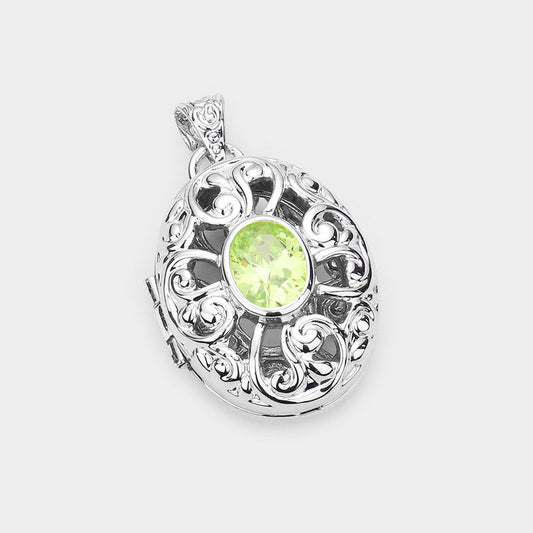 Madeline Love Green CZ Oval Accented Filigree Metal Locket Pendant - Pendant Sets