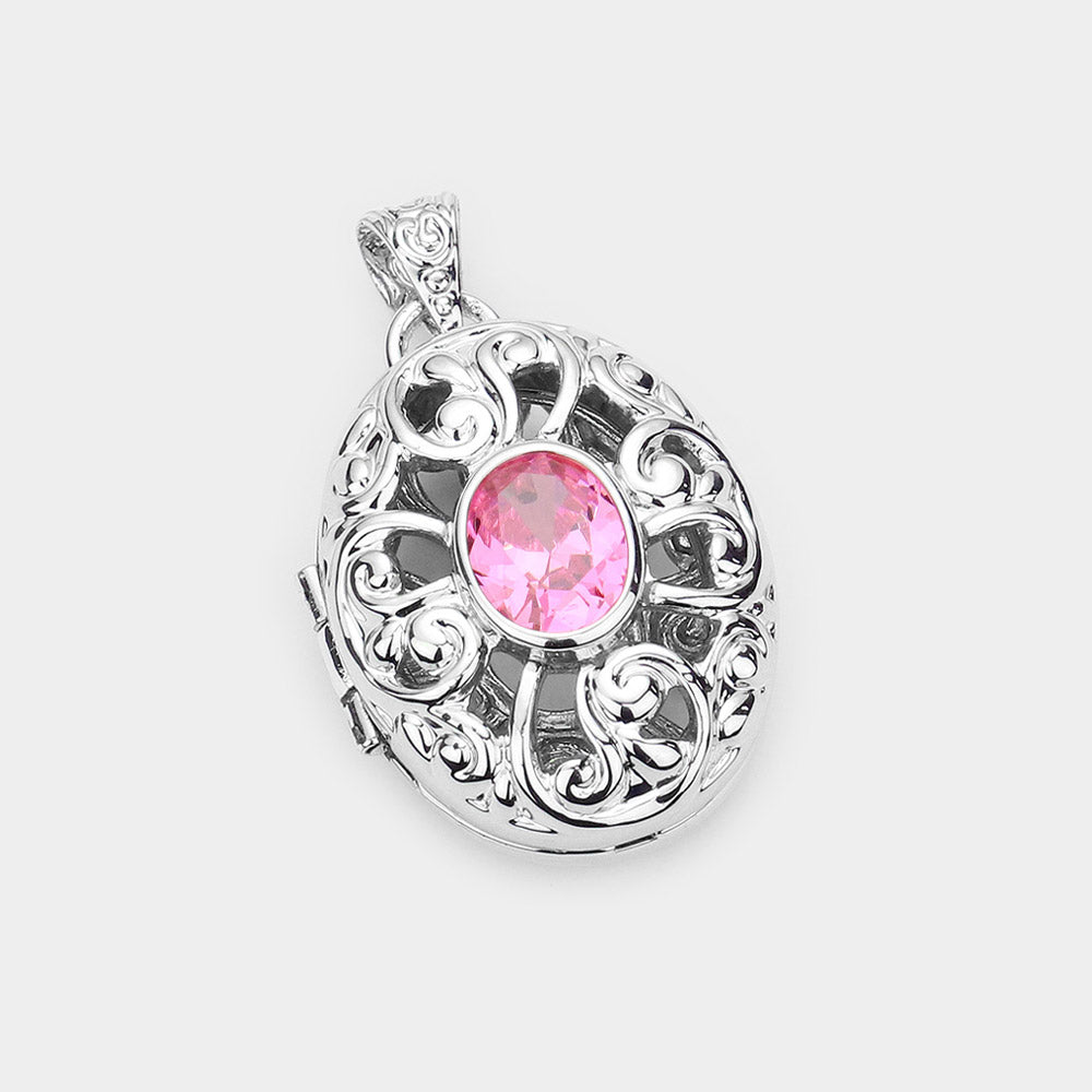 Madeline Love Pink CZ Oval Accented Filigree Metal Locket Pendant - Pendant Sets