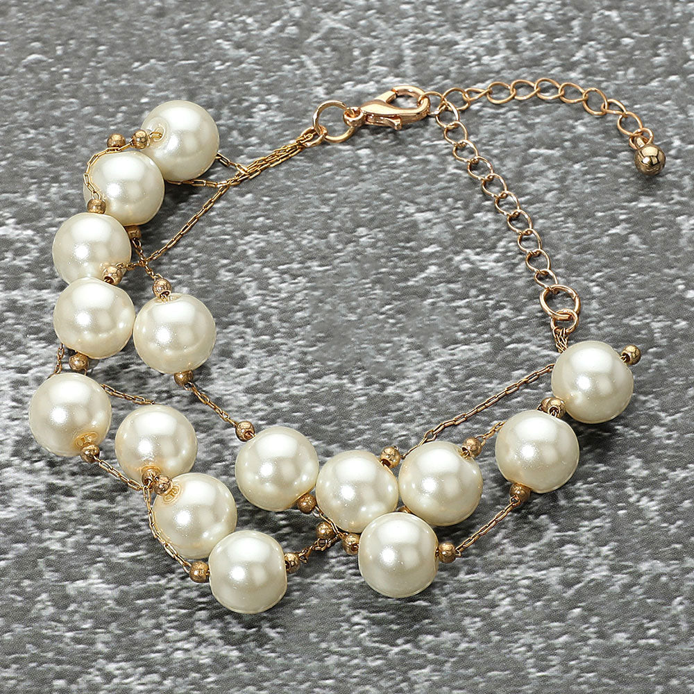 Madeline Love Cream, Gold Handmade Layered Pearl Cluster Station Bracelet - Bracelets