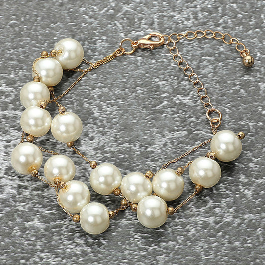 Madeline Love Cream, Gold Handmade Layered Pearl Cluster Station Bracelet - Bracelets