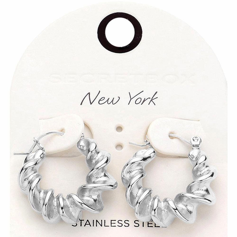 Madeline Love Rhodium SECRET BOX_Spiral Stainless Steel Pin Catch Hoop Earrings