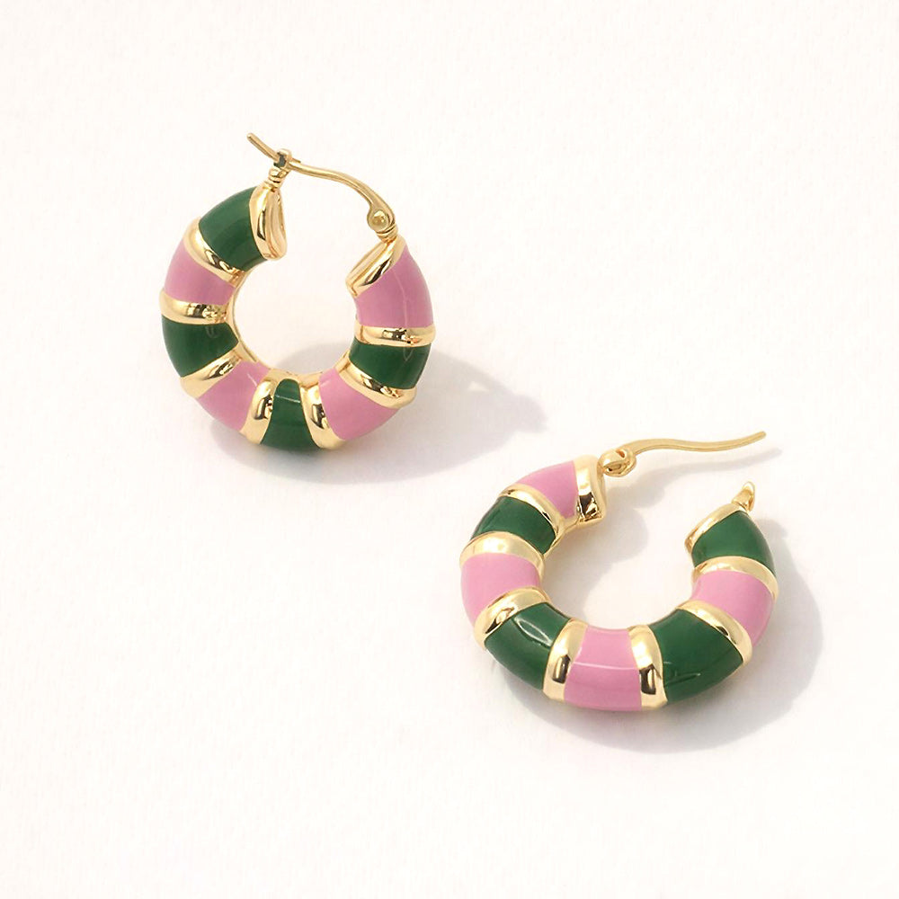 Madeline Love Gold, Pink&Green 14K Gold Dipped Color Block Enamel Pin Catch Earrings - Hair Accessories
