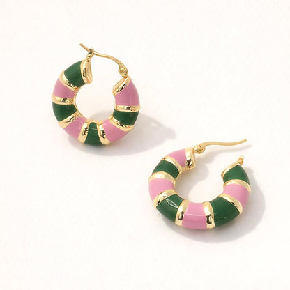 Madeline Love Gold, Pink&Green 14K Gold Dipped Color Block Enamel Pin Catch Earrings - Hair Accessories