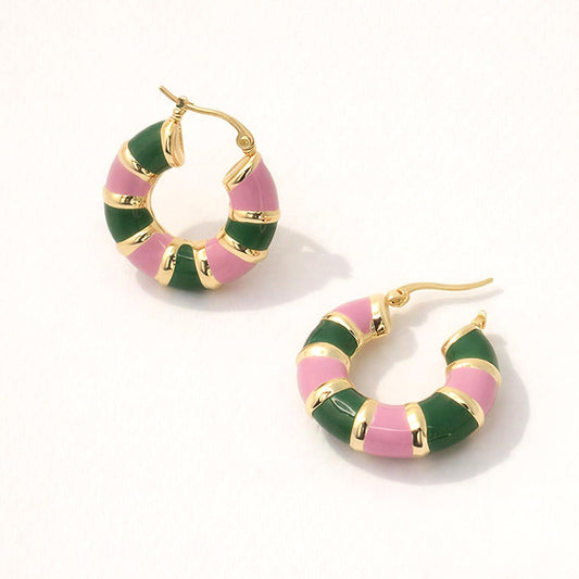 Madeline Love Gold, Pink&Green 14K Gold Dipped Color Block Enamel Pin Catch Earrings - Hair Accessories