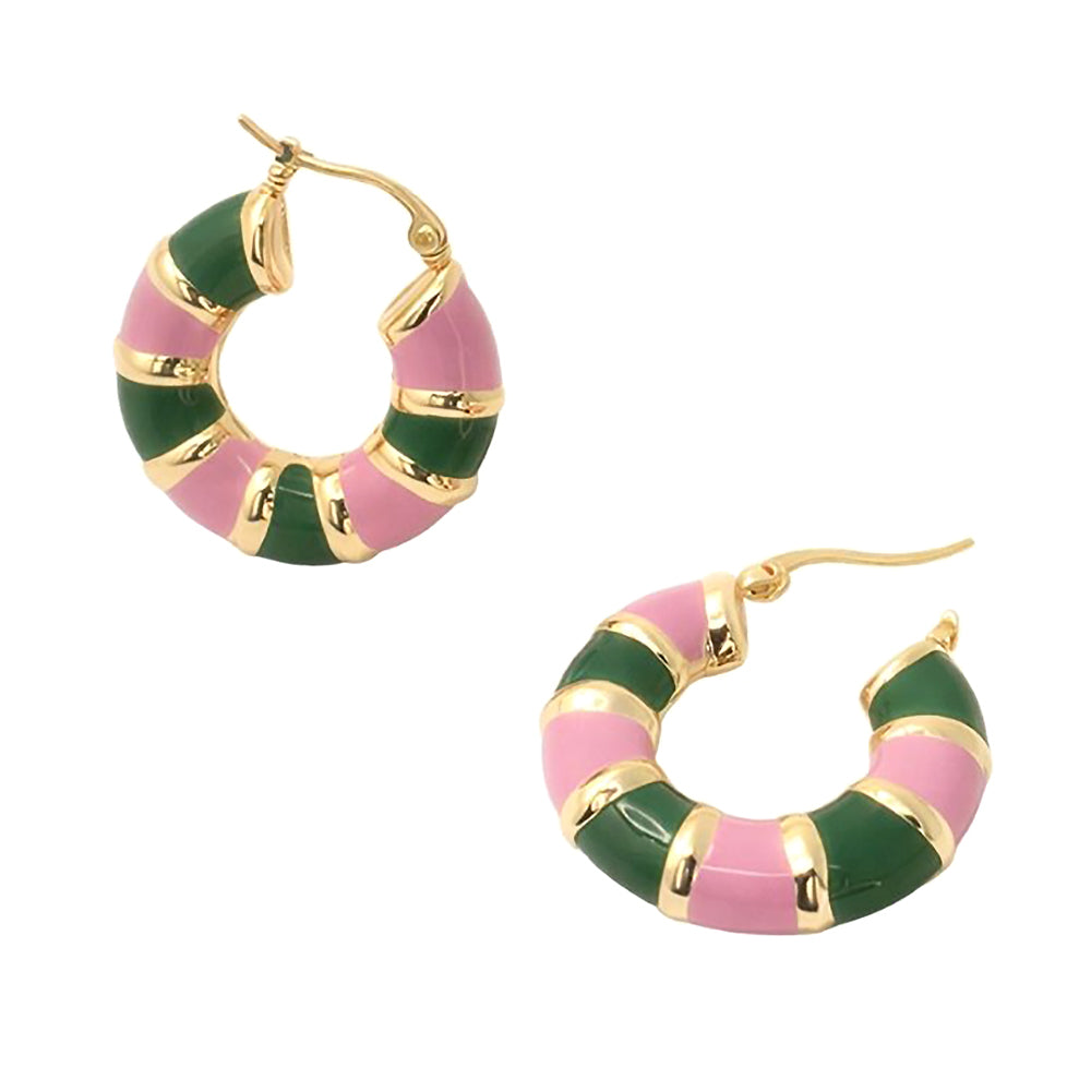 Madeline Love Gold, Pink&Green 14K Gold Dipped Color Block Enamel Pin Catch Earrings - Hair Accessories - desc