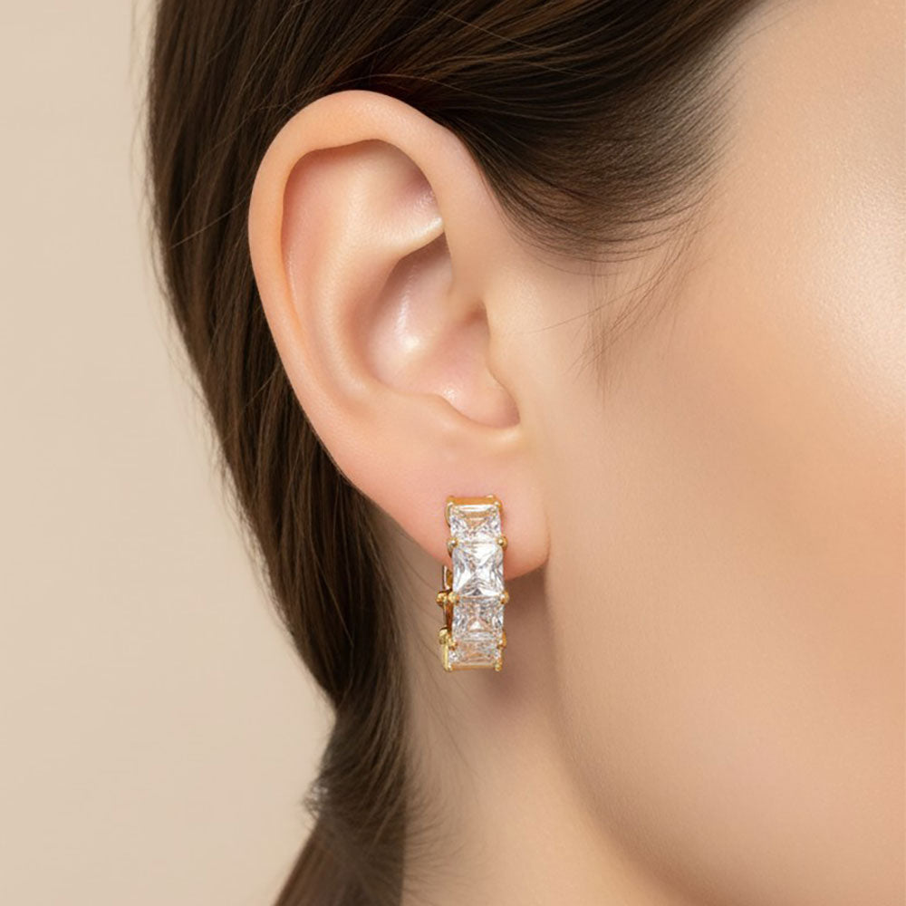 Madeline Love Clear, Gold 14K Gold Dipped Princess Cut CZ Pin Catch Hoop Earrings