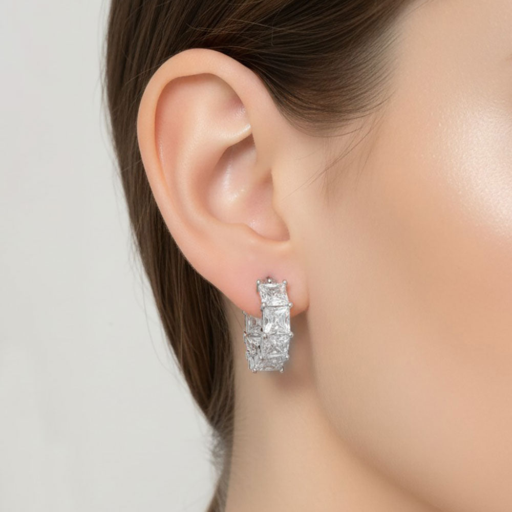 Madeline Love Clear, Rhodium 14K Gold Dipped Princess Cut CZ Pin Catch Hoop Earrings