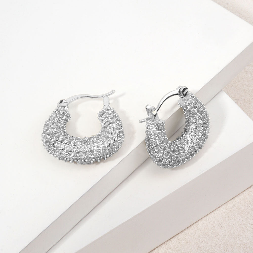 Madeline Love Clear, Rhodium 14K Gold Dipped CZ Pave Chunky Pin Catch Hoop Earrings