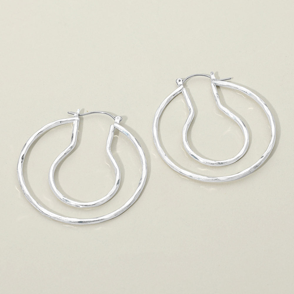 Madeline Love Worn Silver Hammered Metal Organic Layered Pin Catch Hoop Earrings