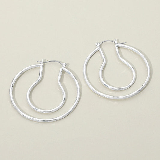 Madeline Love Worn Silver Hammered Metal Organic Layered Pin Catch Hoop Earrings