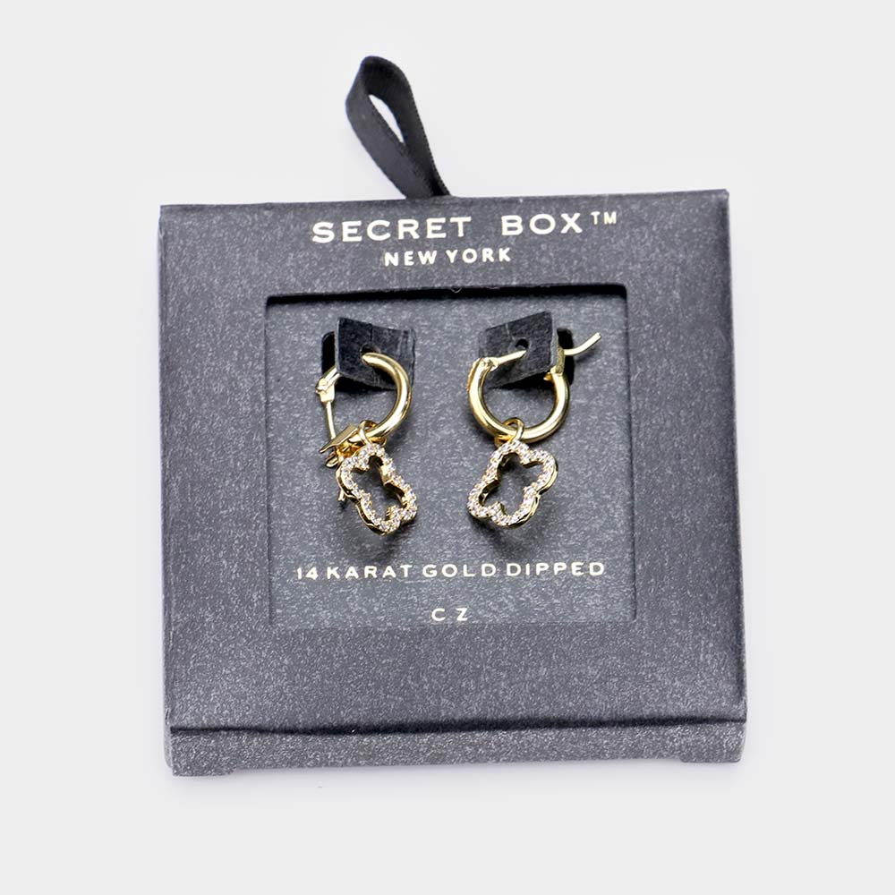 Madeline Love Clear, Gold Secret_Box - 14K Gold Dipped CZ Clover Drop Pin Catch Earrings