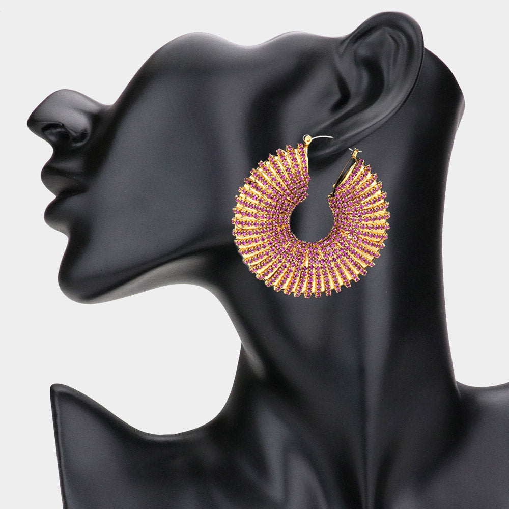 Madeline Love Fuchsia, Gold Rhinestone Cluster Embellished Chunky Hoop Pin Catch Earrings