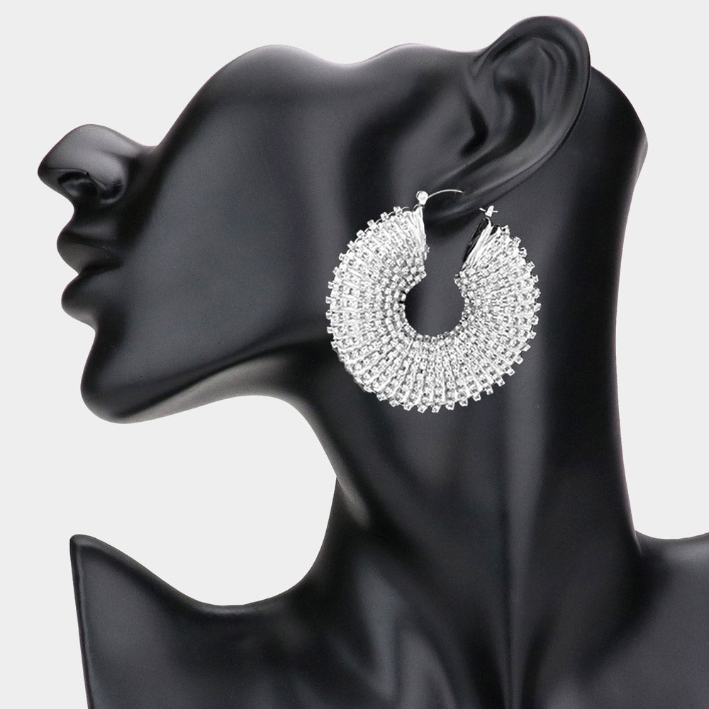 Madeline Love Clear, Rhodium Rhinestone Cluster Embellished Chunky Hoop Pin Catch Earrings