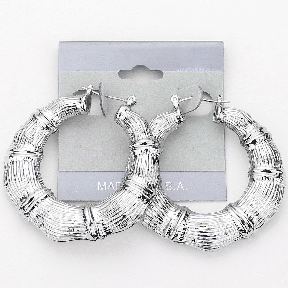 Madeline Love Rhodium Metal Bamboo Pin Catch Hoop Earrings