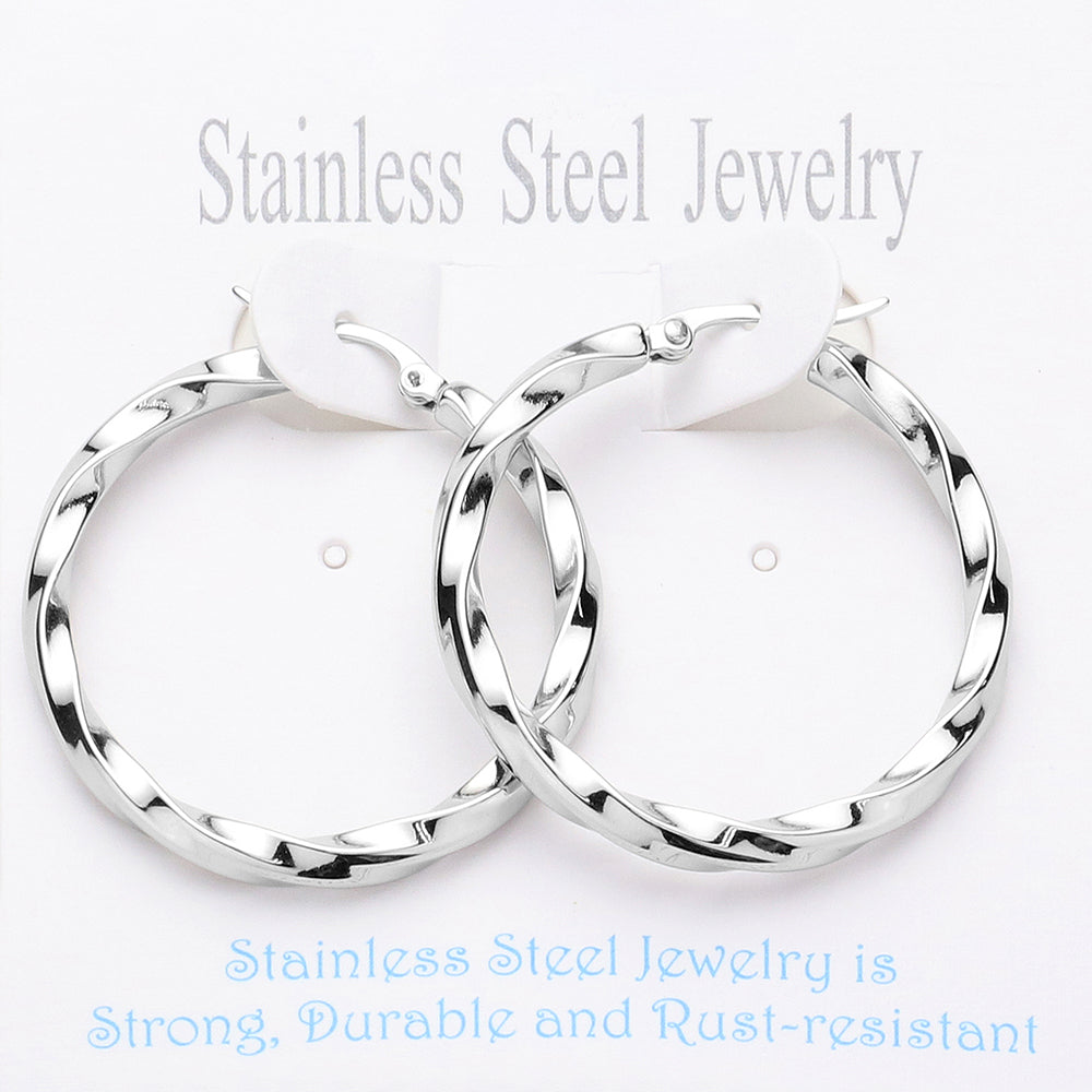 Madeline Love Rhodium Twisted Stainless Steel Pin Catch Hoop Earrings