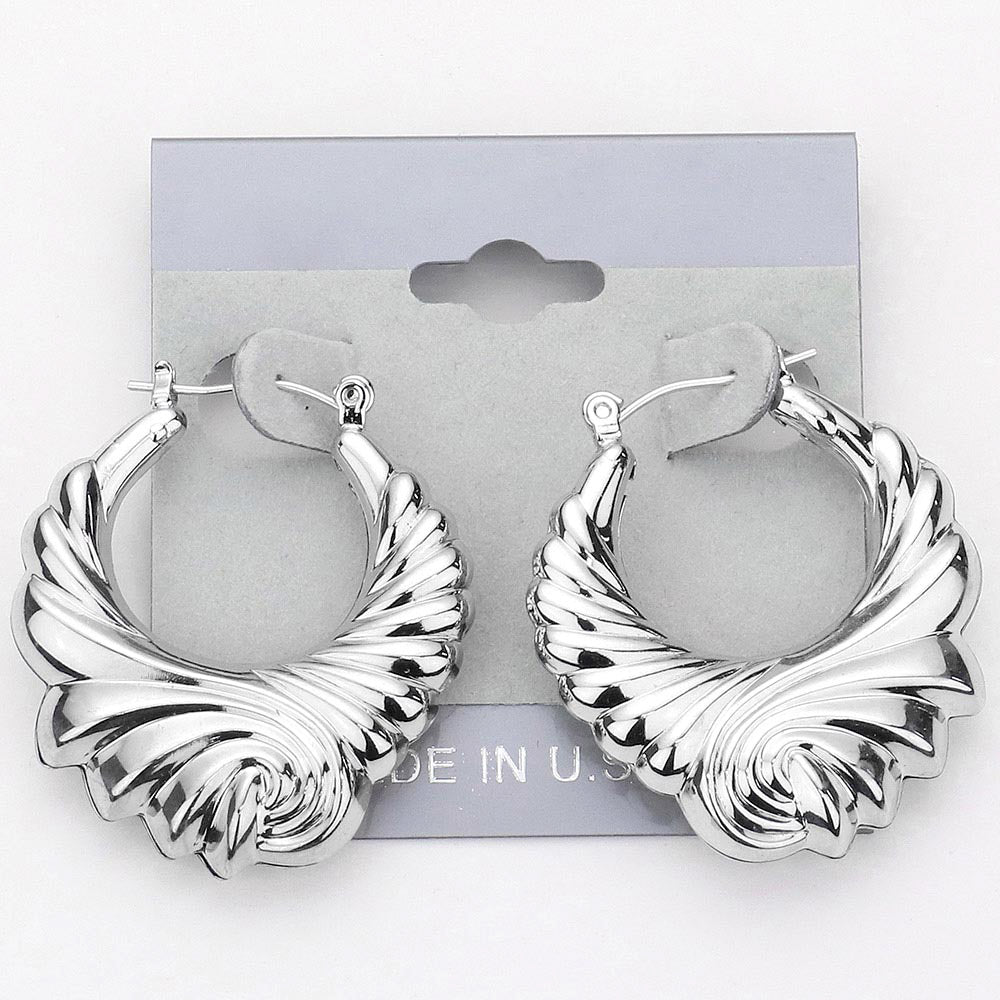 Madeline Love Rhodium Swirl Design Metal Pin Catch Hoop Earrings