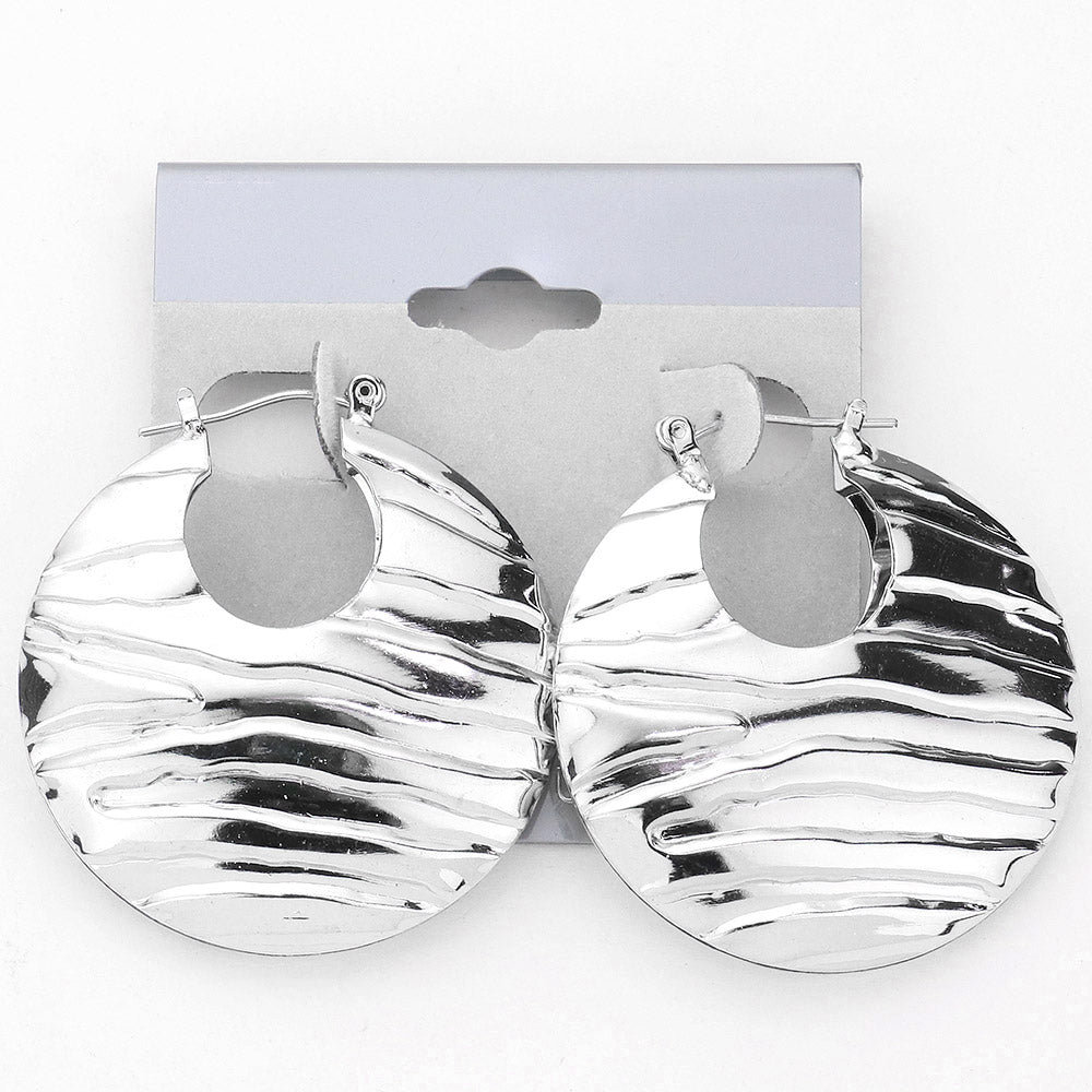 Madeline Love Rhodium Wavy Textured Metal Pin Catch Hoop Earrings