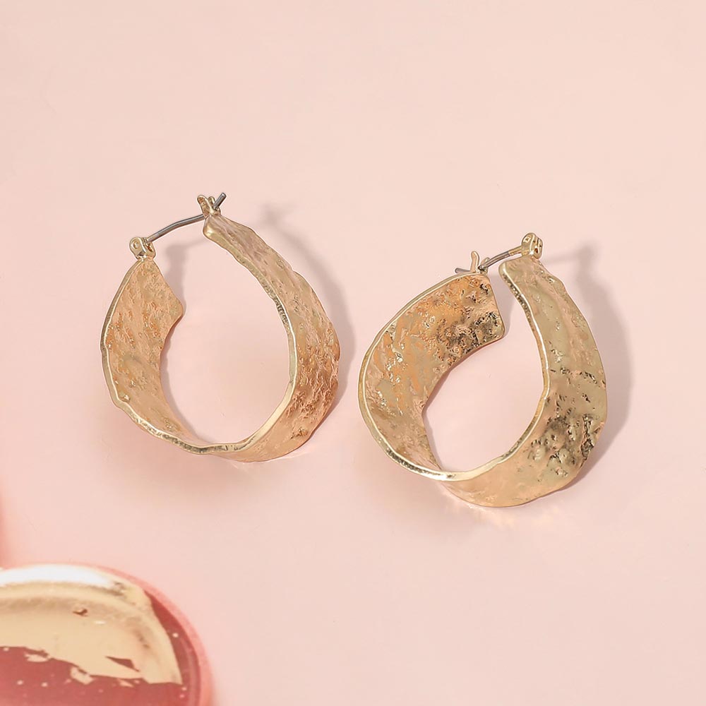 Madeline Love Worn Gold Textured Metal Organic Shaped Open Oval Pin Catch Hoop Earrings