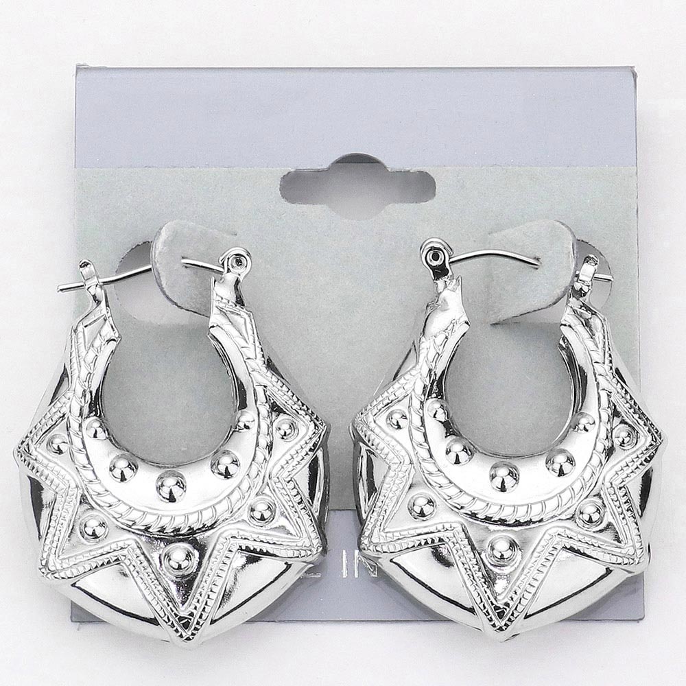 Madeline Love Rhodium Abstract Textured Metal Door Knocker Pin Catch Hoop Earrings