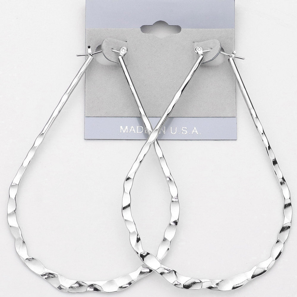 Madeline Love Rhodium Hammered Metal Teardrop Pin Catch Hoop Earrings