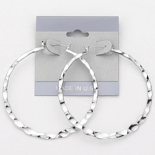 Madeline Love Rhodium Hammered Metal Pin Catch Hoop Earrings