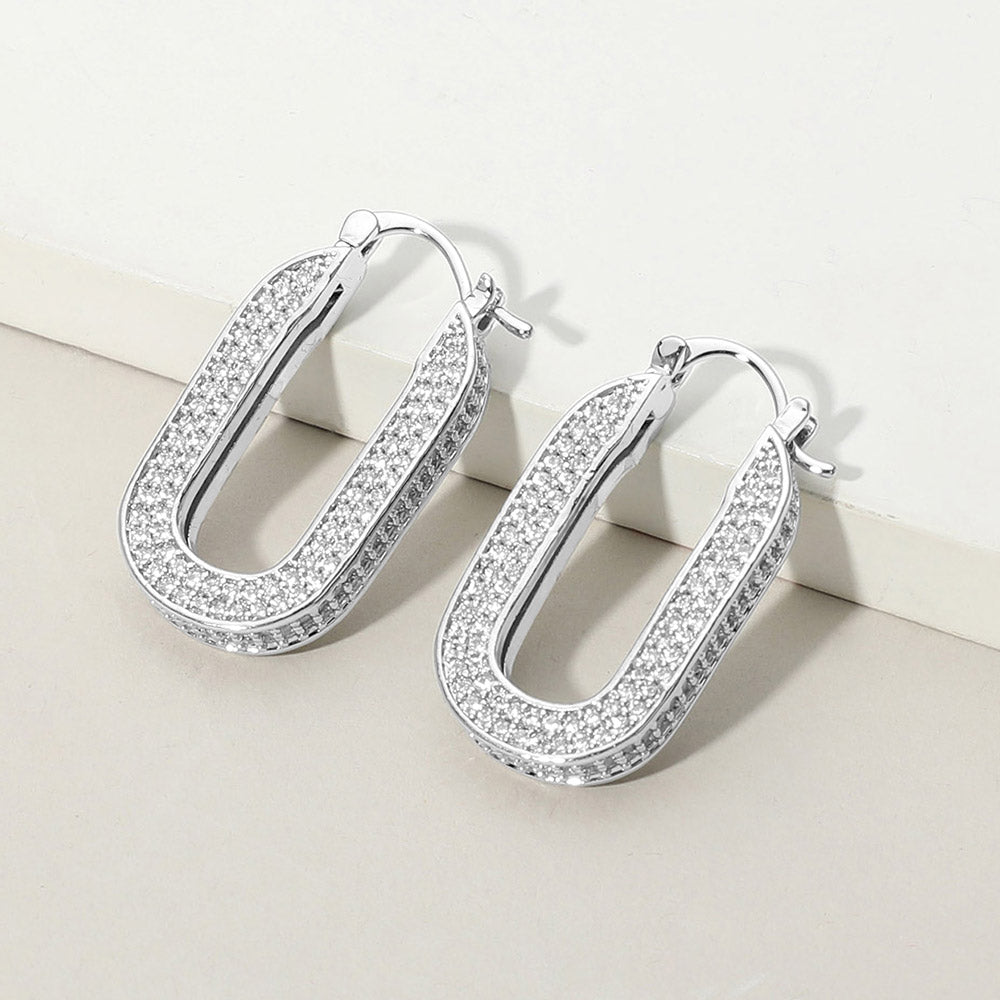 Madeline Love Rhodium White Gold Dipped CZ Stone Paved Oval Pin Catch Hoop Earrings