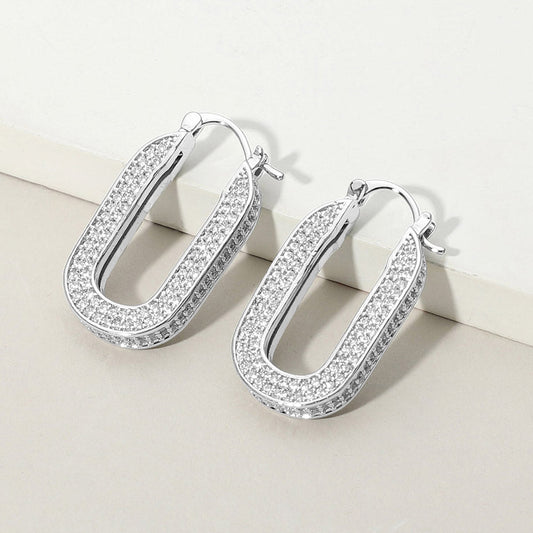 Madeline Love Rhodium White Gold Dipped CZ Stone Paved Oval Pin Catch Hoop Earrings